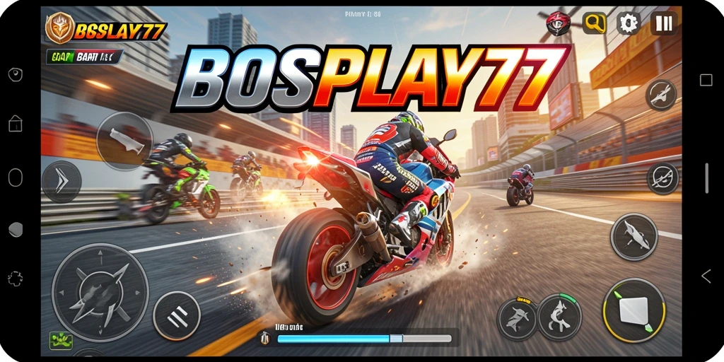 Tampilan screenshot utama BOSPLAY77 menampilkan aksi balap motor yang mendebarkan.