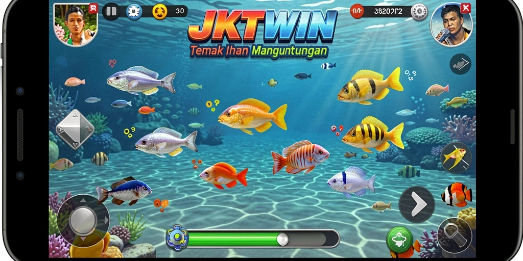 Tampilan gameplay JKTWIN dengan keseruan menangkap ikan.