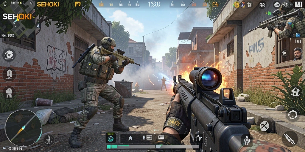 Tampilan seru gameplay SEHOKI dengan aksi tembak-menembak.
