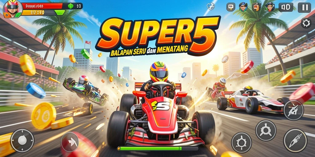 Gameplay SUPER5 yang seru dan mendebarkan di lintasan balap.